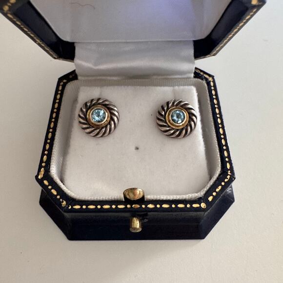 David Yurman Blue Topaz Cookie Stud Earrings 925 Sterling Silver Gold - Picture 1 of 5